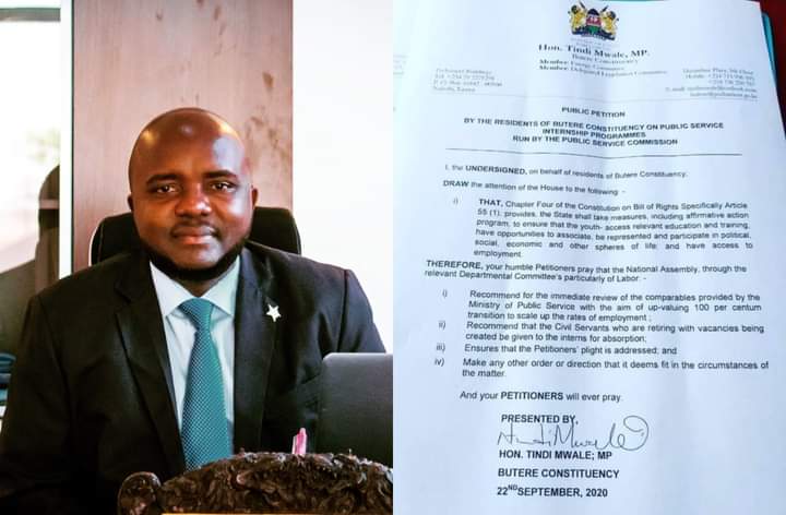 ProgressKN's tweet photo. The Party whip and Butere MP @TindiMwale has petitioned the Public Service Commission through Parliament's Labour Committe to effect 100% direct absorption of interns under the PSC competitive internship programme. https://t.co/6RzKeRKkM8