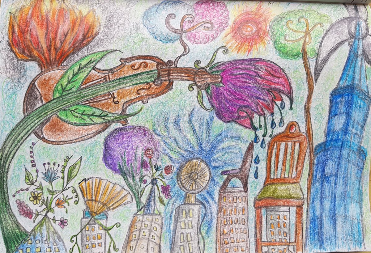 Some of our wonderful #volunteers who are now having to stay at home, were asked to create an artwork based on 4 random words, flower, chair, skyscraper, fan in the style of Marc Chagall via @zoom_us #community #mentalhealth #metalsouthend  #volunteering #netparkwellbeing