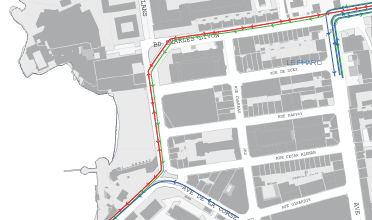7/n. Exemple 2 du projet 1 : la piste cyclable (ligne rouge) continue le long du boulevard Charles Livon jusqu’à la Corniche.