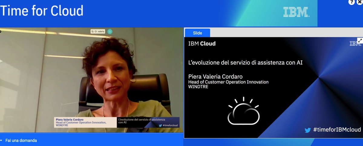 La case <a href="/WindTreOfficial/">WINDTRE</a> con  <a href="/pieravaleria/">PieraValeria Cordaro</a> ci evidenzia che ben il 30% delle interazioni del customer care è gestita da #AI grazie ai chatbot #IBMWatson #timeforIBMCloud #IBMCloud #IBMGarage <a href="/IBMItalia/">IBM Italia</a>