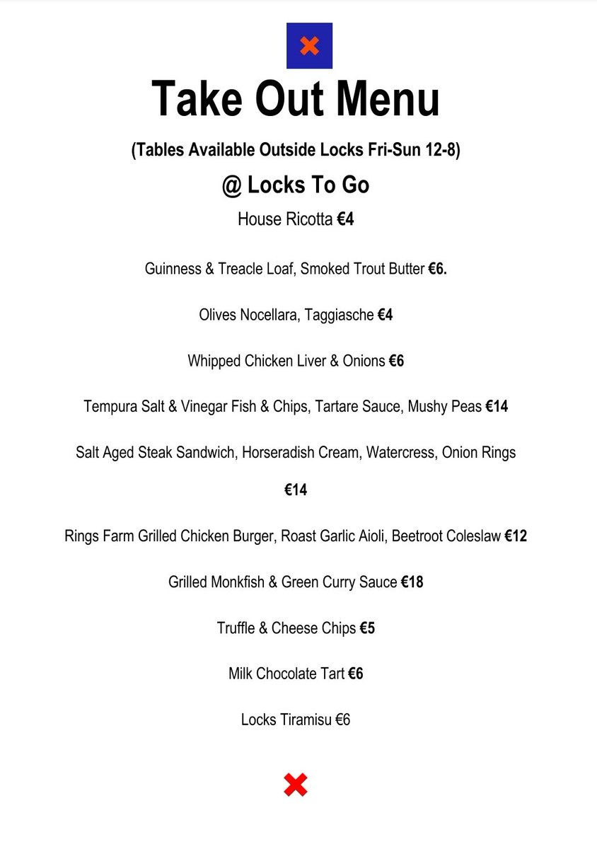 This weeks Take out menu will be available Friday to Sunday from 12 -7, We are hoping to have a few tables outside, hopefully the weather will be nice to us!😎❌