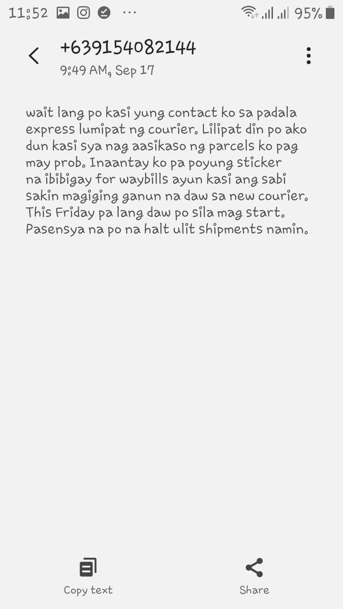 Pag kada may magrereply thread nyo, you always said na "Kindly DM us po." pero di man kayo nagrereply or whatsoever sa min. Kung di ko pa kayo itetext, di namin malalaman na may problema pala sa courier. Kung may mga ganyang problema---