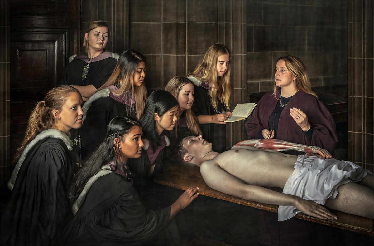 WinramPhoto's tweet photo. My commissioned interpretation of Rembrandts Anatomy lesson using women medical students to represent the Edinburgh 7, the first women to study medicine in Britain 150 years ago but not then allowed to graduate. @EdinUniMedicine rightly granted them posthumous degrees last year. https://t.co/Gg3DoTJIz3
