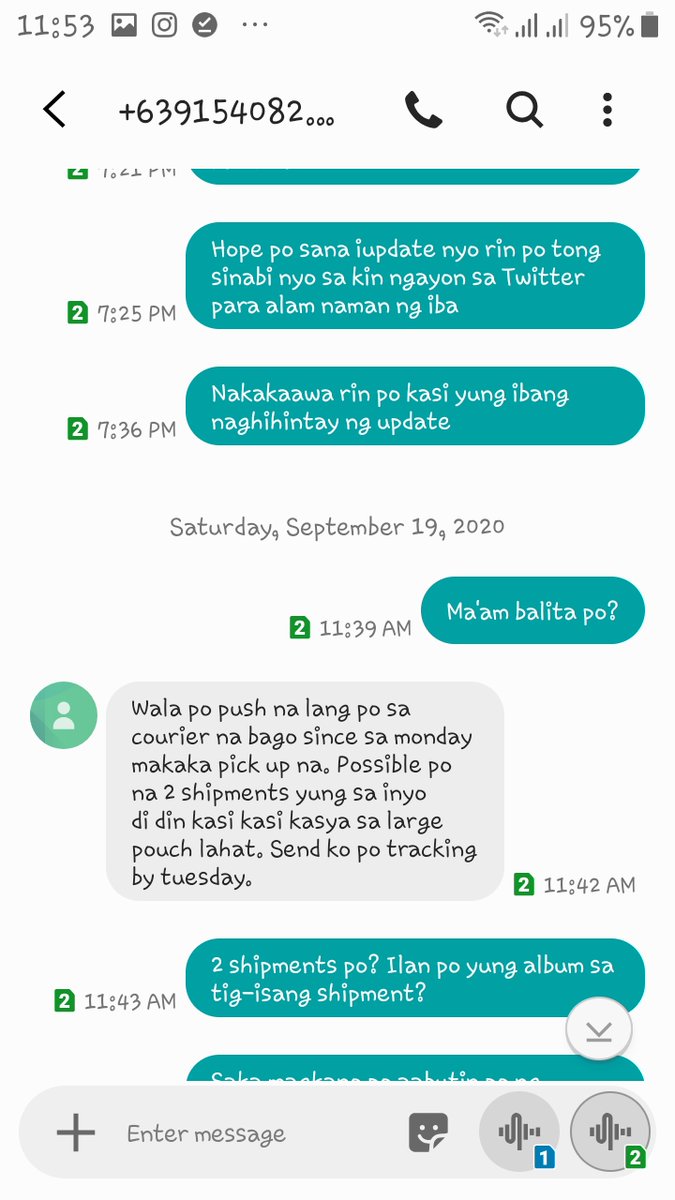 --- karapatan naming malaman dahil goods at pera namin yan. Then nagbigay kayo sa kin ng araw. Sinabi nyo na nung Mon start na ng shipping at by Tue magsesend kayo ng Tracking Number. Pero eto Wed na, matatapos na uli ang week, PM or most importantly, yung BOR, alang update.