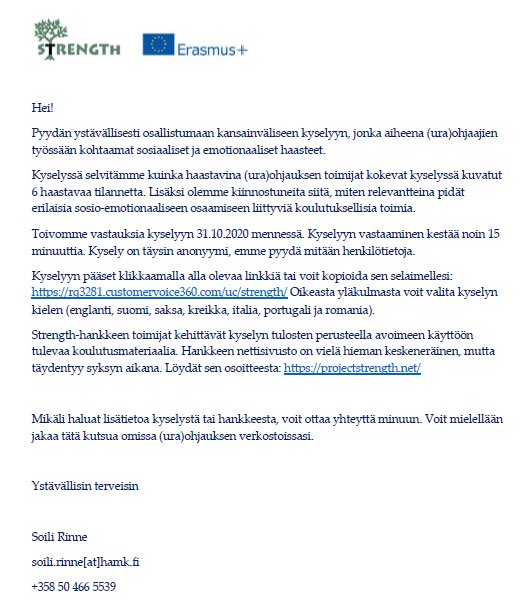 RinneSoili's tweet image. Olen mukana Strength-hankkeessa, jossa tavoitteena on kehittää ohjauksen ammattilaisten sosio-emotionaalisia taitoja.  Avasimme tänään (ura)ohjauksen ammattilaisille suunnatun kyselyn. Tässä kutsu, annan mielelläni lisätietoja 😊

#uraohjaus #ohjaus #projectstrength #ErasmusPlus