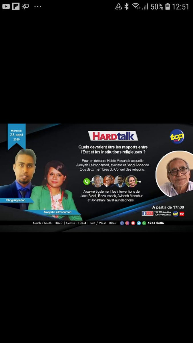 Me. Aleeyah Lallmahomed and Mr. Shoggi Appadoo are invited on Hard Talk Top FM tonight.

They will elaborate on the theme: "Relationship between State and Religious Institutions"

Follow at 5.30 pm live on Top FM