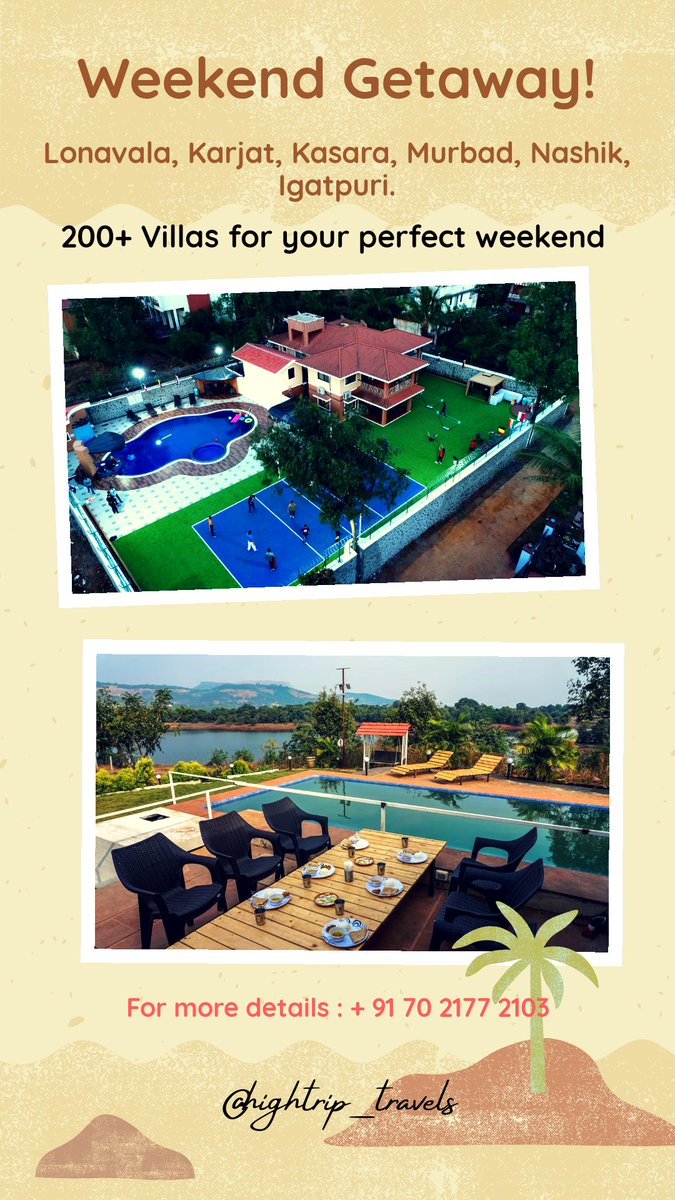 Hightriptravels's tweet photo. Plan your weekend getaway with Hightrip Tours &amp; Travels! Introducing 200+ Villa Properties nearby Mumbai for your ideal weekend plan with your family &amp; friends.
For more details : 
Rupesh Bhavsar
+91 70 2177 2103
#villas #luxuryvillas #mumbai #lonavala #karjat #kasara #igatpuri https://t.co/GhplCay6gt