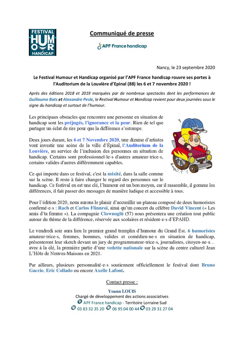 Ci-dessous, le communiqué de presse du prochain Festival Humour et Handicap des 6 et 7/11 prochains à Epinal! <a href="/VilledEpinal/">Ville d'Epinal</a> <a href="/hmutuelle/">Harmonie Mutuelle</a> <a href="/apfhandicap/">APF France handicap</a>