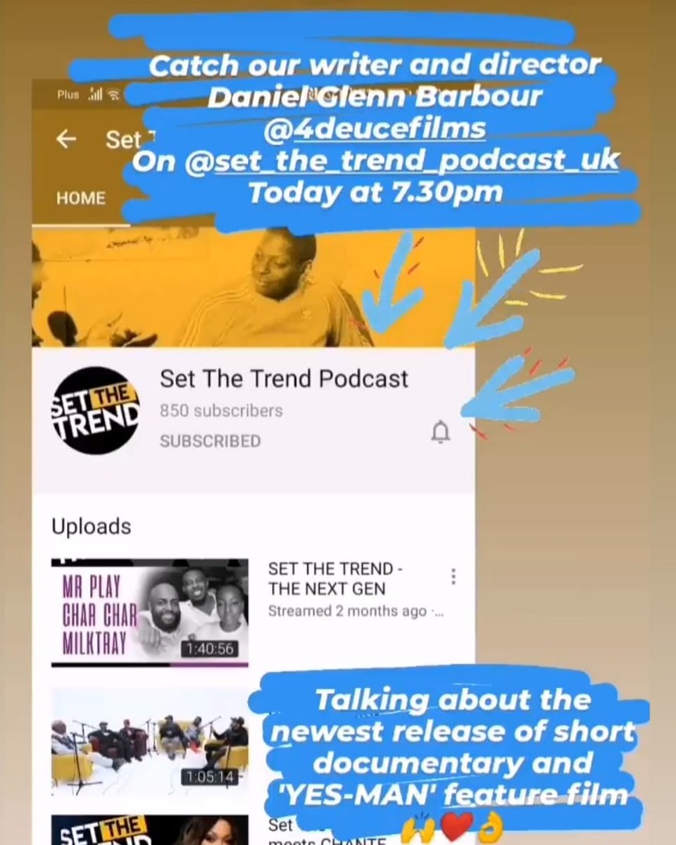 Schedule to join us as we talk short films, documentaries and feature film debut.

#younggiftedandblack
#4deucemedia
#blackslatereggae #sirgeorgesound
#yesman4d 

youtu.be/Sb6rd3ExQbc

Today today tonight.

7:30pm Set The Trend Podcast
Schedule for diary