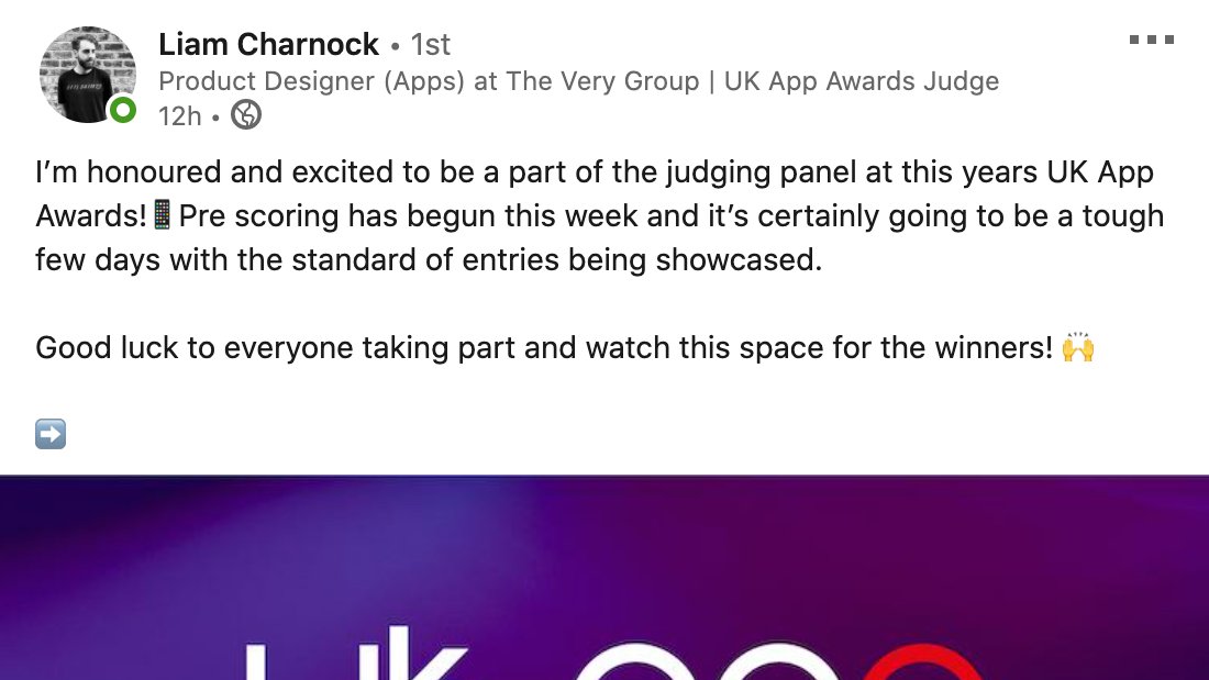 The news is out, our <a href="/liamcharnock/">Liam J Charnock</a> will be joining the judging panel for this year's #UKAppAwards 👏. Liam leads the design for our apps <a href="/verynetwork/">Very</a> and constantly pushes the boundaries on the experiences we create. We may be biased, but we couldn't think of a better judge 🌟