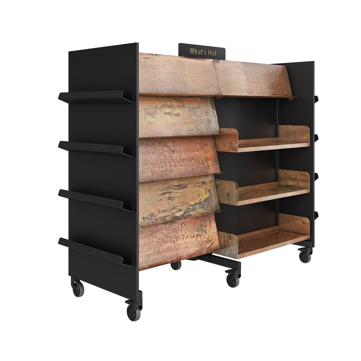 Kevin_Hennah's tweet image. I’ve been looking for innovate new styles of shelving for years, so it seemed logical to start designing! Here's the first of a few: antique effect shelves, matt black bay ends, antique gold signage. I hope you like it - there's more to come! #libraries #library #librarydesign