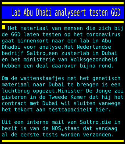 Teletekst's tweet photo. Lab Abu Dhabi analyseert testen GGD https://t.co/1jZVAPNe6B