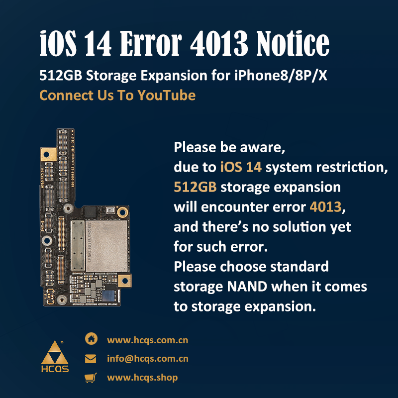 HCQS_Shenzhen's tweet photo. Please be aware, due to iOS 14 system restriction, 512GB storage expansion will encounter error 4013, and there’s no solution yet for such error. Please choose standard storage NAND when it comes to storage expansion.
#hcqs #ios14 #error4013 #ios #storageexpansion #nand https://t.co/sr51vghbQc