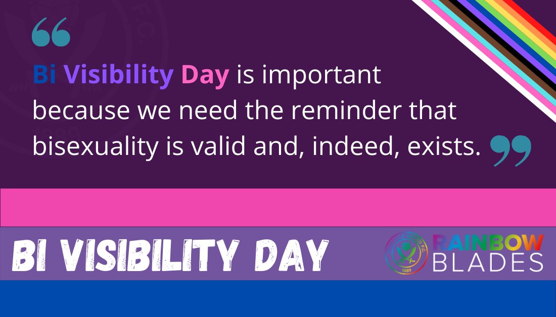 Bisexuality is valid. Bisexuality exists. Bisexuality is something to be proud of. Bi people are people.Let’s celebrate bisexuality this Bi-Visibility Day. 6/6  #BiVisibilityDay p.s. look out for the Rainbow Blades article in this weekend's match programme 