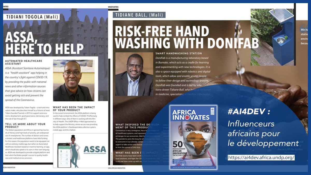 PNUDMALI's tweet image. Le magazine numérique #AfricaInnovates de @UNDPAfrica, met en vedette des innovateurs africains dont deux Maliens🇲🇱, @tidianitogola &amp;amp; @Tidianeball, aidant avec ingéniosité à lutter contre les effets de la #COVID19.
Télécharger l’édition ici 👉ai4dev.africa.undp.org 
#AI4DEV