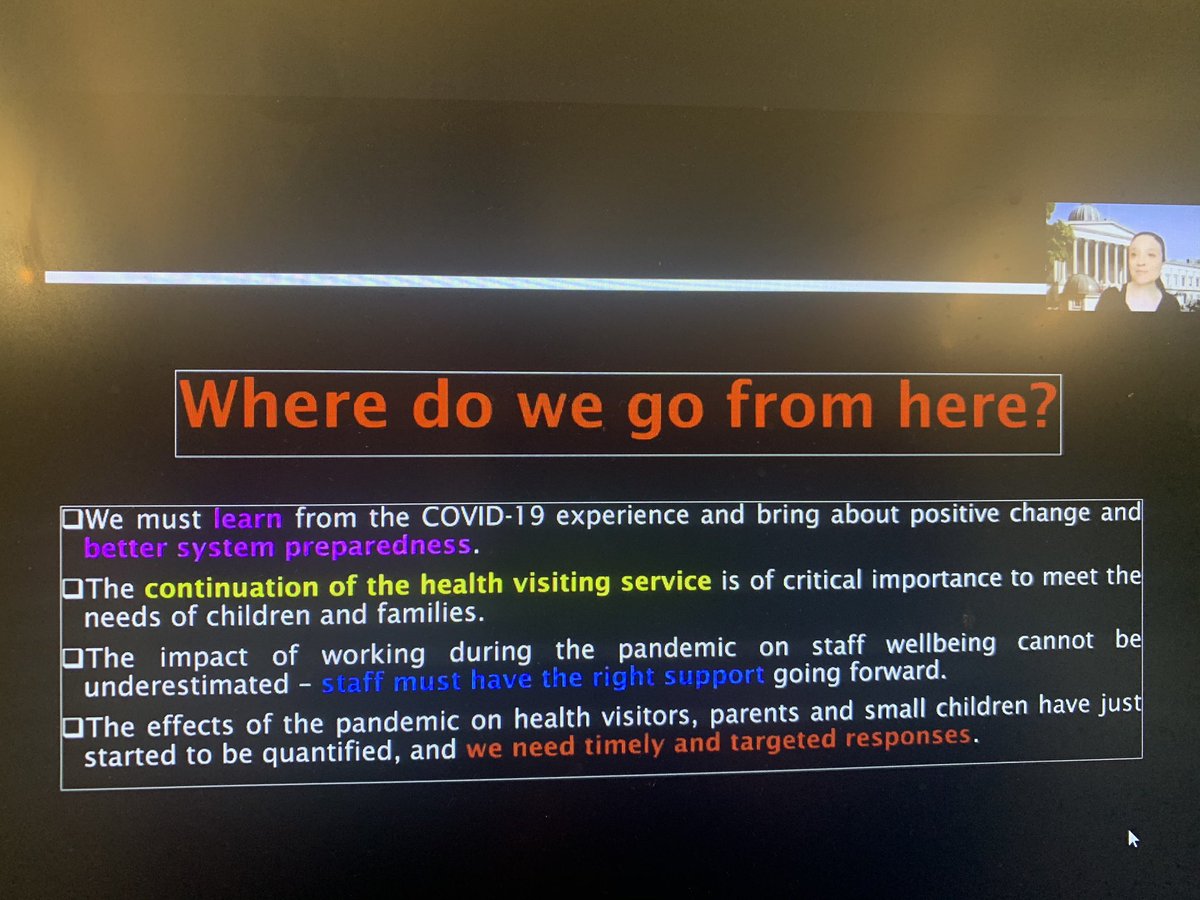 Where do we go from here?
Fantastic research findings from @Gabri_EllaConti on the impact of COVID, redeployment, reduced PH£ & HV numbers on Children, Parents and the HV workforce. 
gabriellaconti.org
#iHVEvidence2020