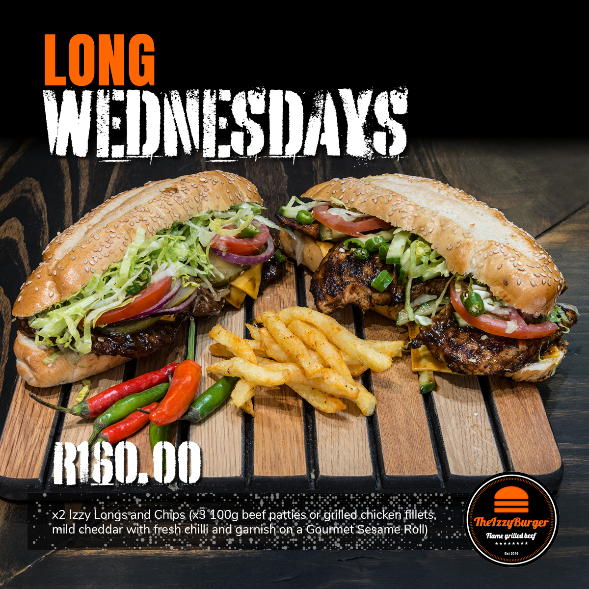 In it for the long haul! Something to keep you satisfied for a long while! x2 Izzy Longs and Chips. Visit <a href="/theizzyburger/">theizzyburger</a>, 121 Ottery Road, Wynburg or call 0817635377 to place your order. 
Flame grilled beef at its best! 
#gourmetburgers #burgerswynberg