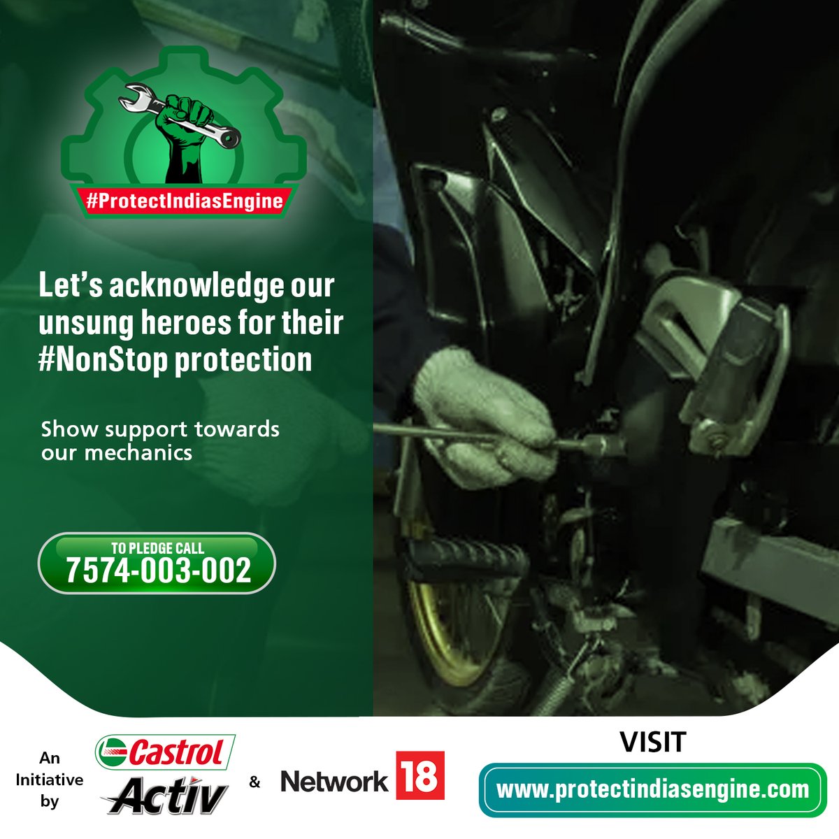CNNnews18's tweet photo. Let’s acknowledge our heroes for their #NonStop care.
Pledge your support towards #ProtectIndiasEngine, a Castrol Activ & #Network18 initiative, by giving a missed call on 7574-003-002 or by visiting https://t.co/o1dJtkD8Jc
#Partnered - @castrolcricket
@cnnnews18 https://t.co/7EUEkALxDs