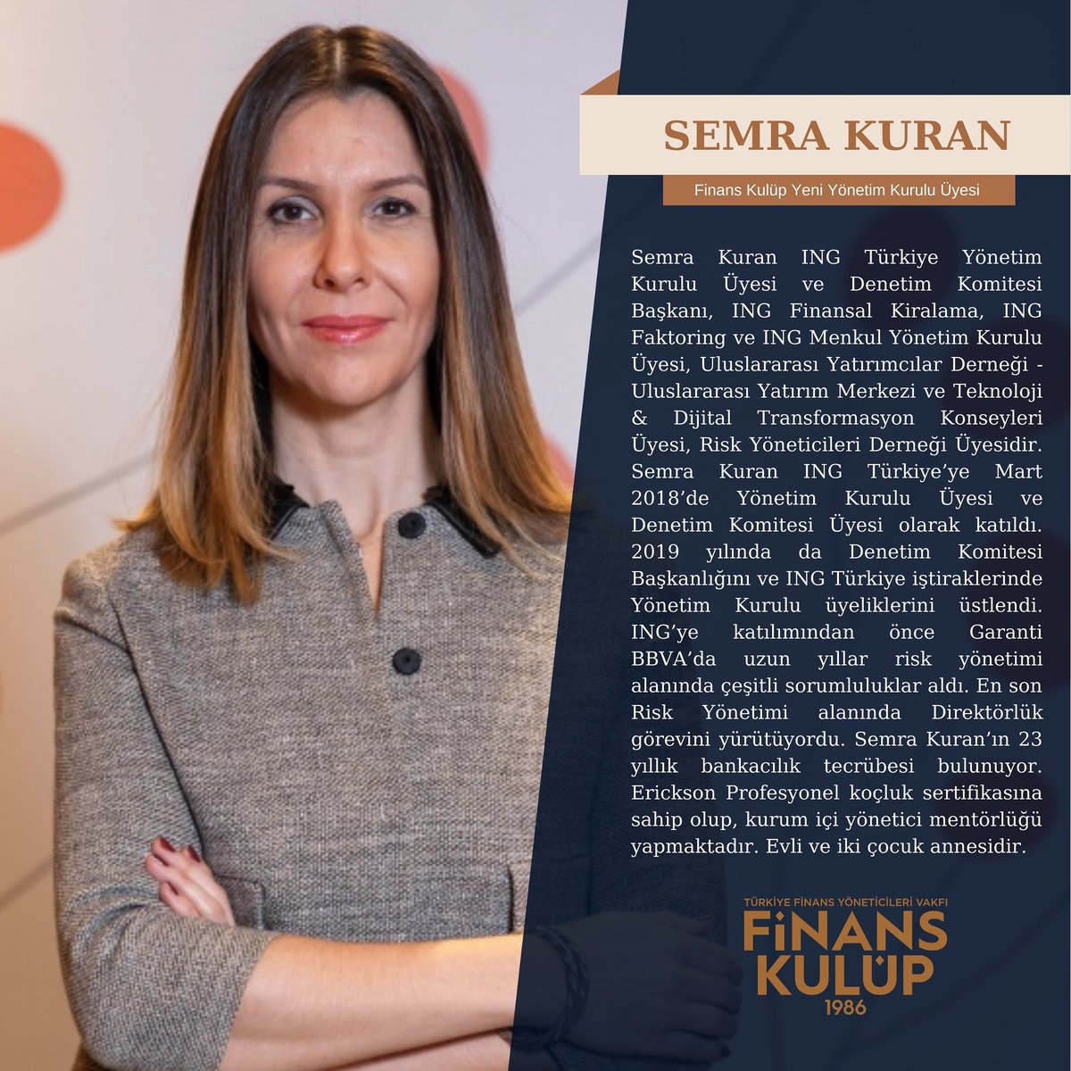 Türkiye Finans Yöneticileri Vakfı Yönetim Kuruluna finans dünyasının tecrübeli ismi Semra Kuran’ın seçilmesinden memnuniyet duyuyor ve başarılar diliyoruz.