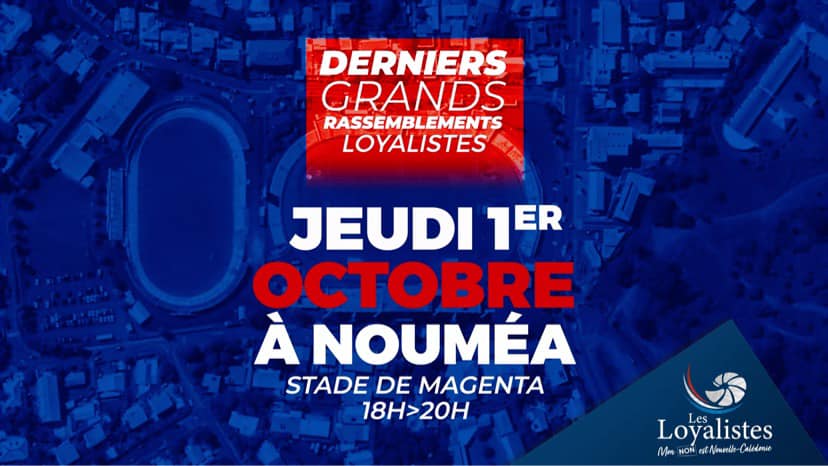 Rendez-vous ce soir à Nouméa pour l'ultime #derniersgrandsrassemblements Loyalistes 🇫🇷  
A trois jours du #Referendum, ce sera l'occasion de rappeler combien nous sommes attachés à la France 🇫🇷  !

#JevoteNon

Les informations pratiques 👇
📍 Nouméa - Stade Magenta
🕕 18h