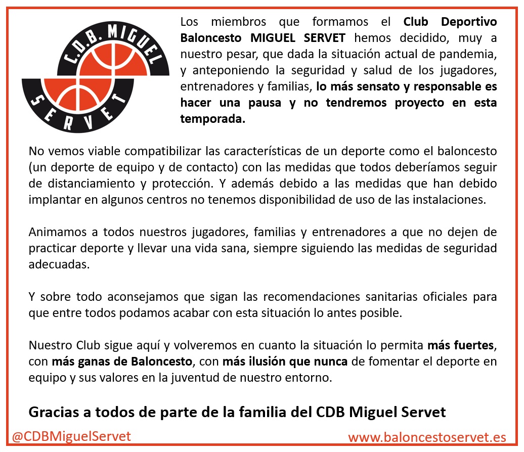 COMUNICADO OFICIAL: Volveremos, cuando la situación lo permita, con más ganas de Baloncesto. #ganasdebaloncesto