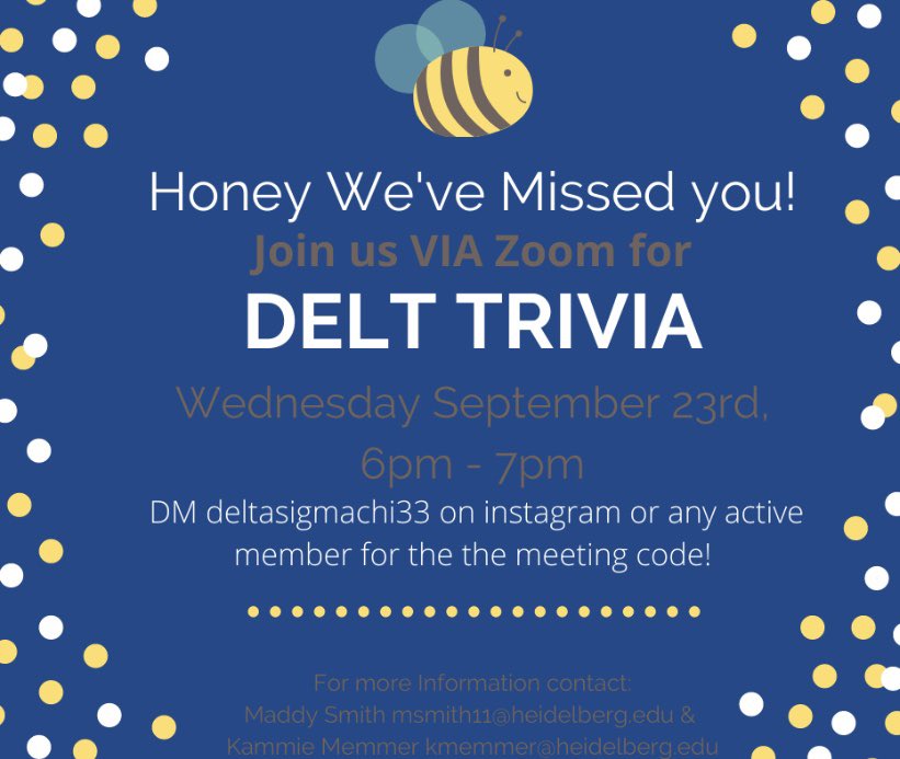 DeltaSigmaChi33's tweet photo. Tonight is Delt Trivia via Zoom! Don’t miss out! DM us for the zoom link and we hope to see you there 💙🐝💛 https://t.co/HaGK0aJYdU