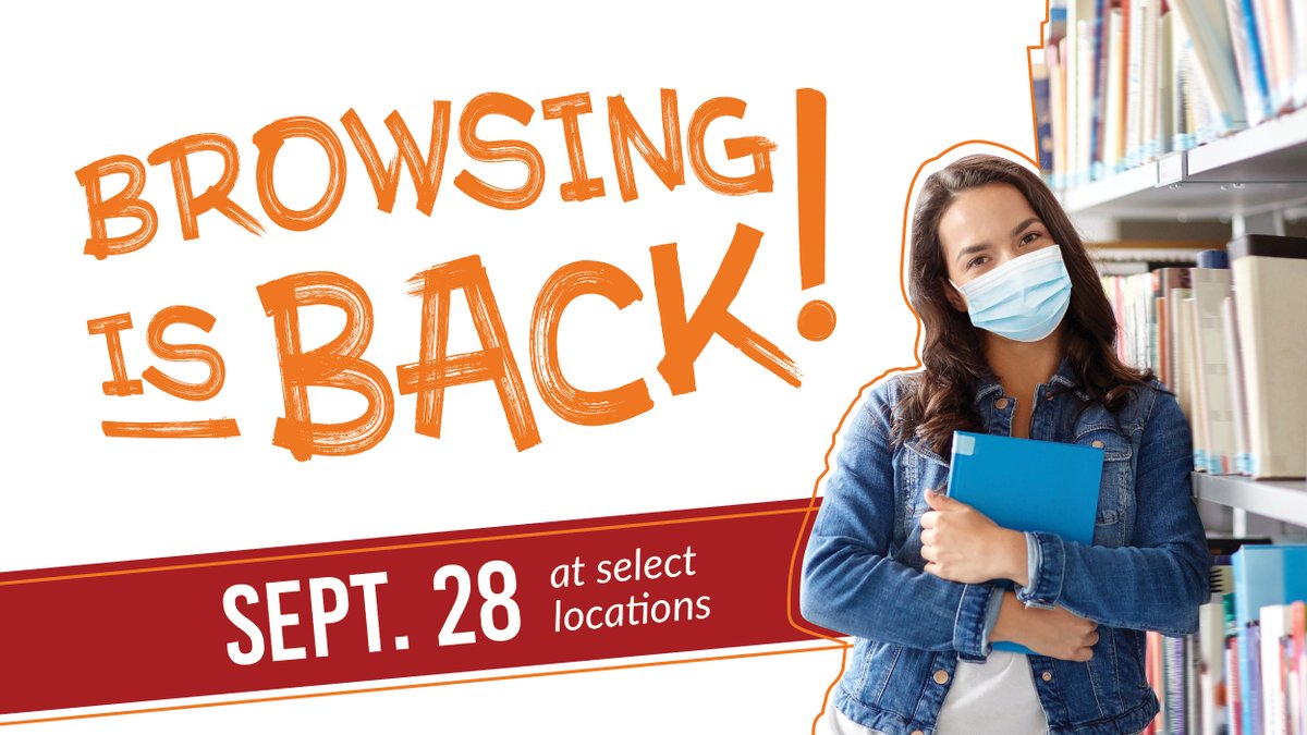 alachualibrary's tweet photo. We're launching limited-capacity browsing hours at five locations starting Monday, and continuing curbside service at all locations. Find a browsing branch near you at https://t.co/BbmzRaD6Dh
#browsingisback #libraries https://t.co/4HoJRrYbke