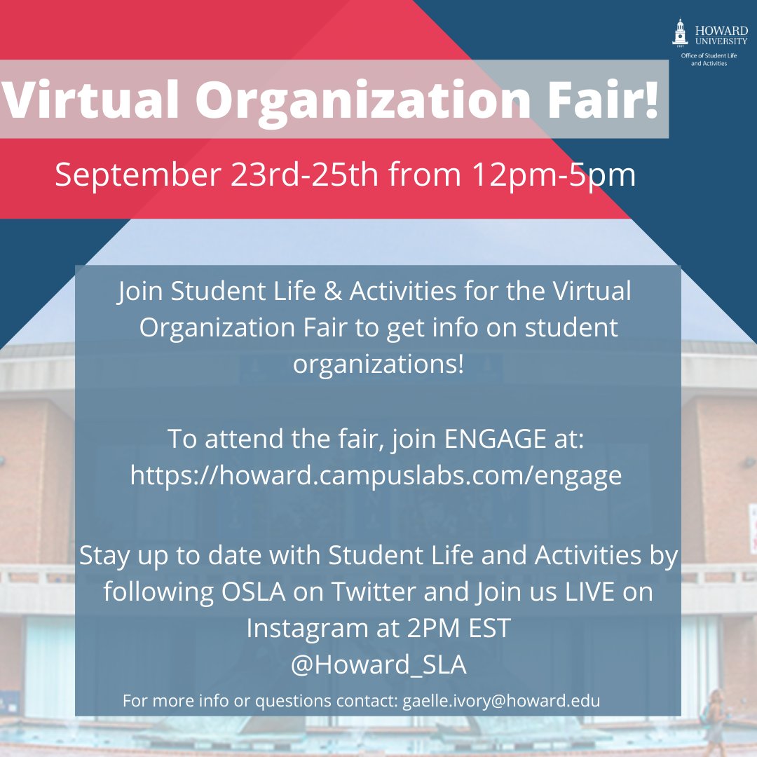 HUCampusLife's tweet photo. The Virtual Organization Fair starts TODAY! We look forward to seeing you there! Join us LIVE on Instagram at 2PM EST each day of the fair! #BisonVirtualFair https://t.co/U1R1fgdTb0