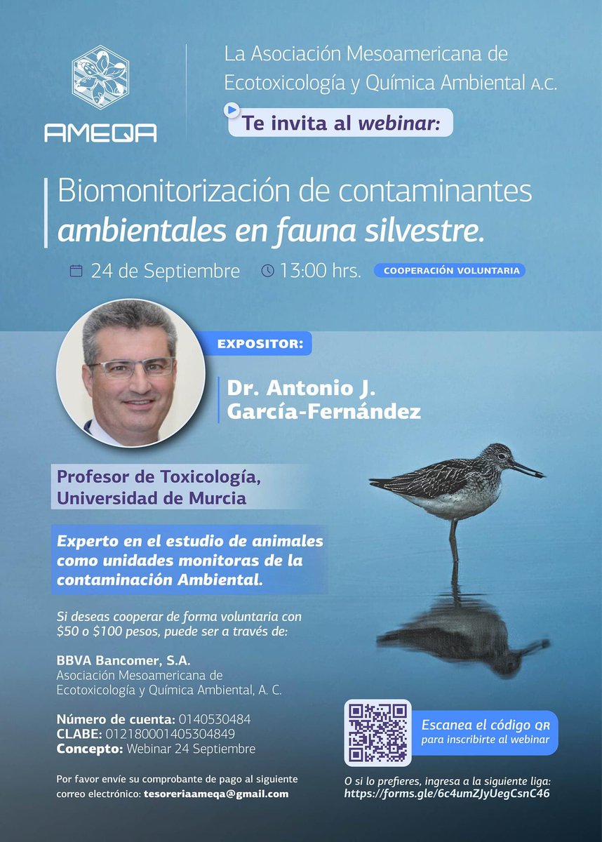 AmeqaMexico's tweet photo. Te recordamos la invitación al 3er webinar de AMEQA.
En esta ocasión contaremos con el Dr. Antonio Garcia-Fernández, Profesor de Toxicología en la Universidad de Murcia.
La cita es el próximo 24 de septiembre a las 13:00h.
Registro: https://t.co/wPpxuxsUNv
#ameqa #ecotoxicologia https://t.co/huE9O74NWy