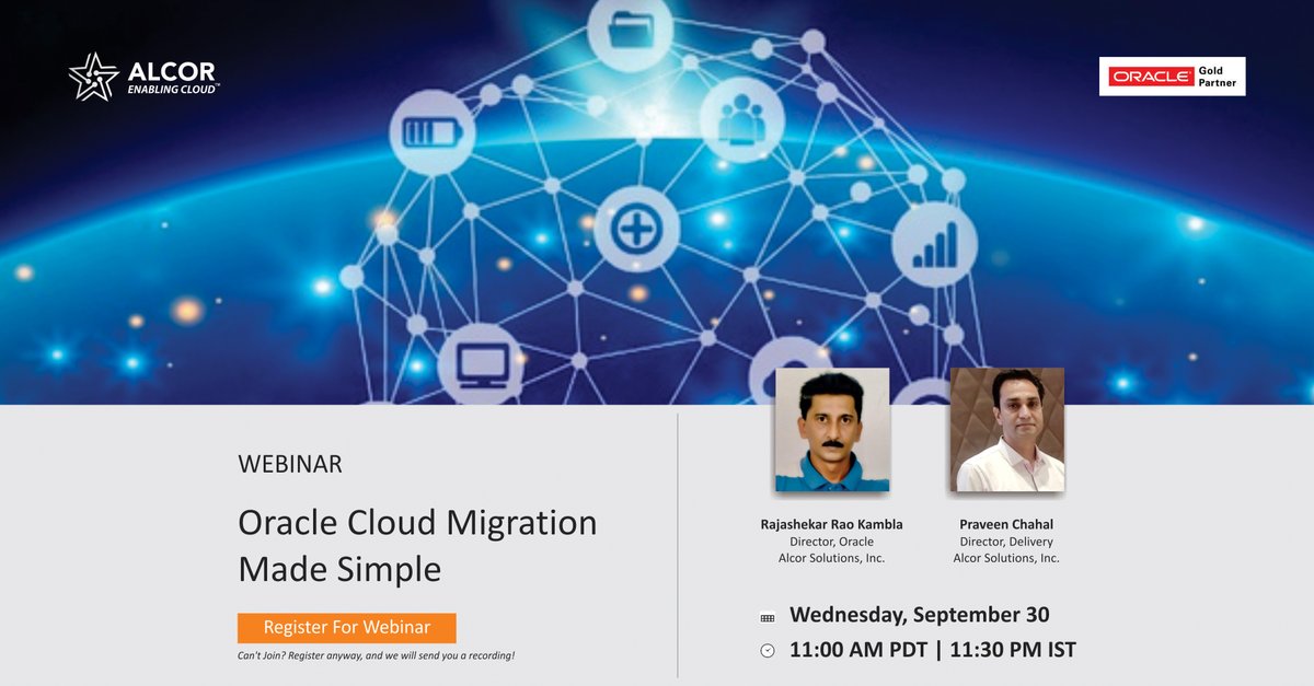 AlcorSolutions's tweet photo. Learn Whats, Whys, and Hows of @Oracle Cloud Migration in our upcoming #webinar on Wednesday, September 30 at 11 AM PDT. Don't forget to register: https://t.co/8ry2Q4yP8K
#AlcorWebinar #Oracle #OracleGoldPartner #OracleCloud #CloudMigration #Replatforming https://t.co/Xxub0H3Khm