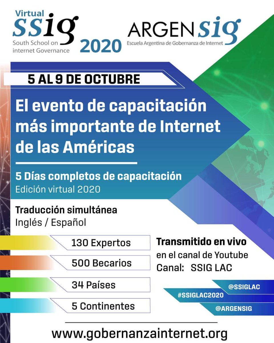 SSIGLAC's tweet photo. Agendate 5 al 9 de octubre 12va South School on Internet Governance 2020 en conjunto de la 4ta. Escuela ARGENSIG. Mirá los 5 días del programa aquí: https://t.co/KzMveninao
Seguilo en vivo YouTube Live SSIG LAC   https://t.co/5Odq3LPz4L @SSIGLAC, @ARGENSIG, @CCATLAT, #SSIGLAC2020 https://t.co/oqnENZpg9p