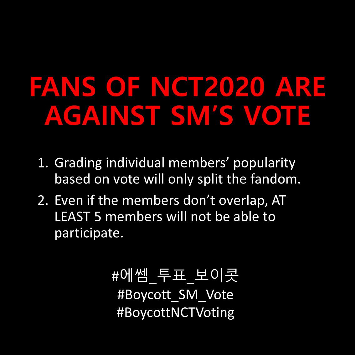 Oi94_'s tweet photo. We need all of 23 members do every activity together. If you can debut them why you can't support all of them to work? Seriously, its not a game. 23 members must be in every activity !

#에쎔_투표_보이콧
#Boycott_SM_Vote 
#BoycottNCTVoting
@SMTOWNGLOBAL
@NCTsmtown https://t.co/dLqyKIrKBa