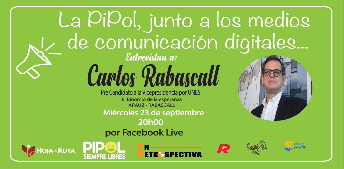 lapipolecuador's tweet photo. 🔊Hoy a las 20h00
#LaPipol, junto a medios de comunicación digitales, entrevistan a Carlos Rabascall @rabascallcarlos.
Tema central:
▶️La inscripción del Binomio #ArauzRabascall
@RedRadioEcua @EnRetrospctiva @RutaHoja @SomosSemillaEc @ElEstadoNet @lapipolecuador https://t.co/7K8qnZ9gOe