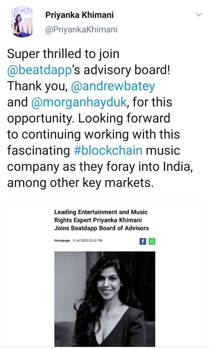  #PriyankaKhimani (A partner in Anand and Anand and Khimani-IP company) than I have one question for her why she did not posted any condolences tweet for  #SameerBangara -(She was legal advisor ) and reason to join "BeatDapp" a competitor of Qyuki.  #BollyDawoodKilledSSR