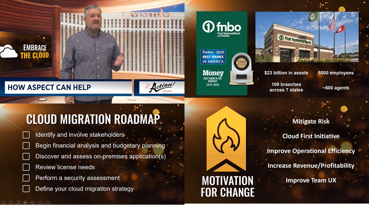 McGeeSmith's tweet photo. Choice includes helping customers move to the cloud when they are ready. @MichaelKrop Walks through how @FNBO did it #AspectACE2020 #CCaaS https://t.co/Sq5x0uLppK
