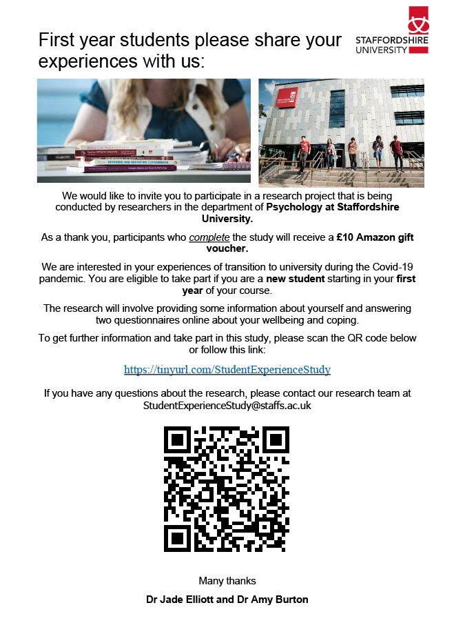 Heeeeeeelliott's tweet photo. #Research:📢We are seeking views from new first year students from across @StaffsUni a research project! You can receive a £10 voucher for your participation  Details of how to sign up below⬇️⬇️#StaffsUni #StaffsPsych #StaffsResearch #morethanwelcome #StaffsUniNews https://t.co/VQsu3AQi9Y