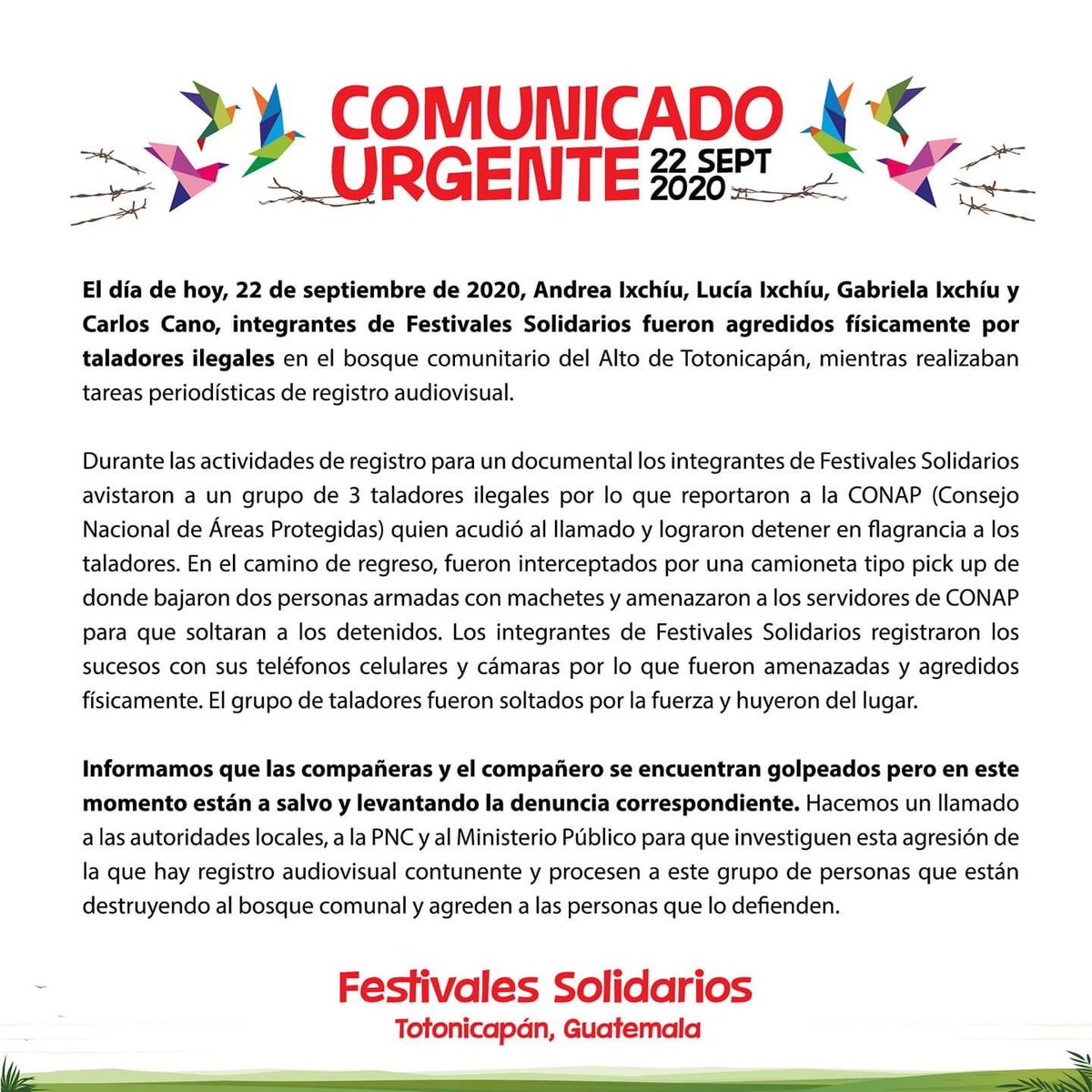 Desde Canada mi solidaridad y apoyo a estas tres valientes mujeres, @Andreakomio , @LuciaIxchiu , Gabriela Ixchiu y a Carlos Cano, defensores de bosques y de vida. 
Autoridades deben evitar tanto la tala ilegal como la impunidad que da licencia a grupos criminales clandestinos.