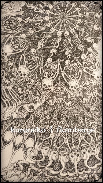 あやかし系のイラスト1枚描いたら、この骸骨の曼荼羅?万華鏡?の制作に戻りますので、また暫くの間、展覧会等のイベントには参加しません。

画像1枚目は骸骨の曼荼羅のラフ。4枚目の画像が現在の状態ですが、完成形がどういう姿になるのか私にも判りませんので、とても楽しんで制作しております。 