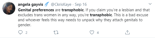 This language and pressure is all over the place. While a lot of TRAs still thump the old talking points (yes, transphobic), many say: OK, OK, you CAN have genital preferences but if you DO nobody needs to know because saying it out loud is transphobic.