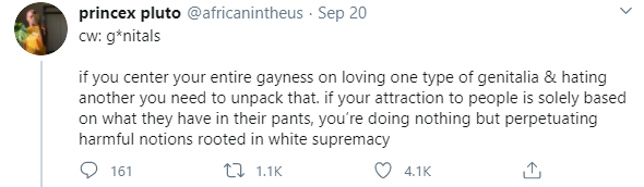 You can have genital preferences as long as you agree to be redefined from a same-sex attracted person to a morally deficient (even white supremacist!) person who is supposed to be attracted to gender identity but has shameful hang-ups.