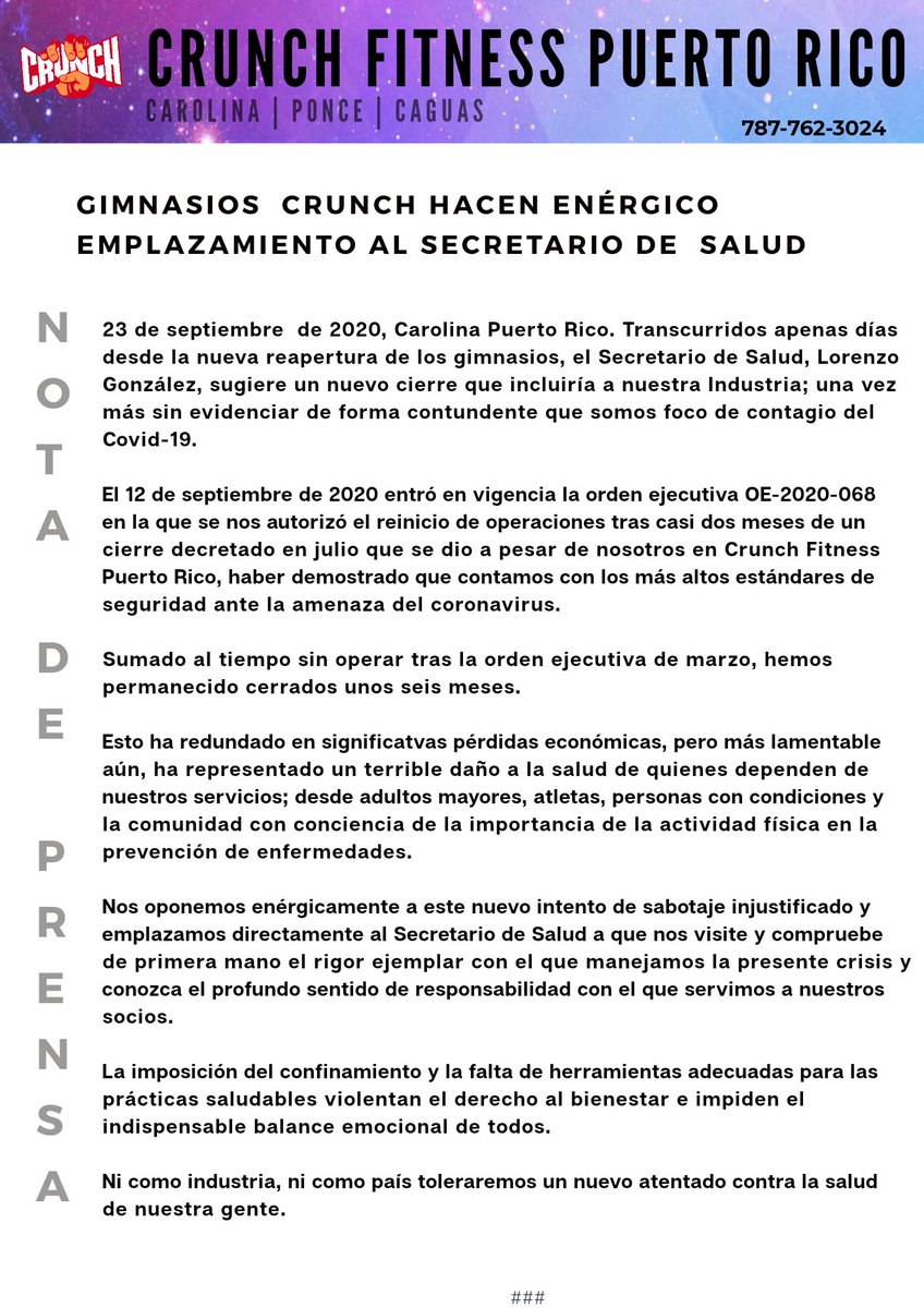 CrunchFitnessPR's tweet photo. Compartimos el comunicado que se envió a los medios como parte de nuestra lucha por permanecer ofreciendo servicios a nuestra gente.

#TodosSomosCrunch https://t.co/nKeAXBaMVi