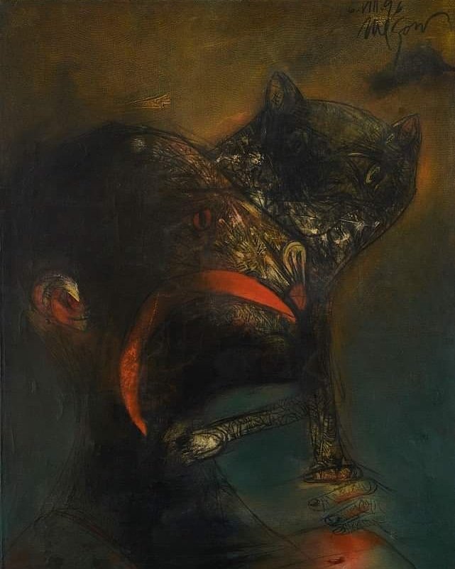 Hoy está de cumpleaños el artista #NelsonDomínguez. Desde #CollageHabana le felicitamos, con los deseos de que continúe cultivando éxitos en su carrera profesional.
Luna roja (1996), #mixtasobretela, 107 x 82 cm 
#FCBC #QuédateEnCasa #StayHome #cubanpainting #mixedmediaart