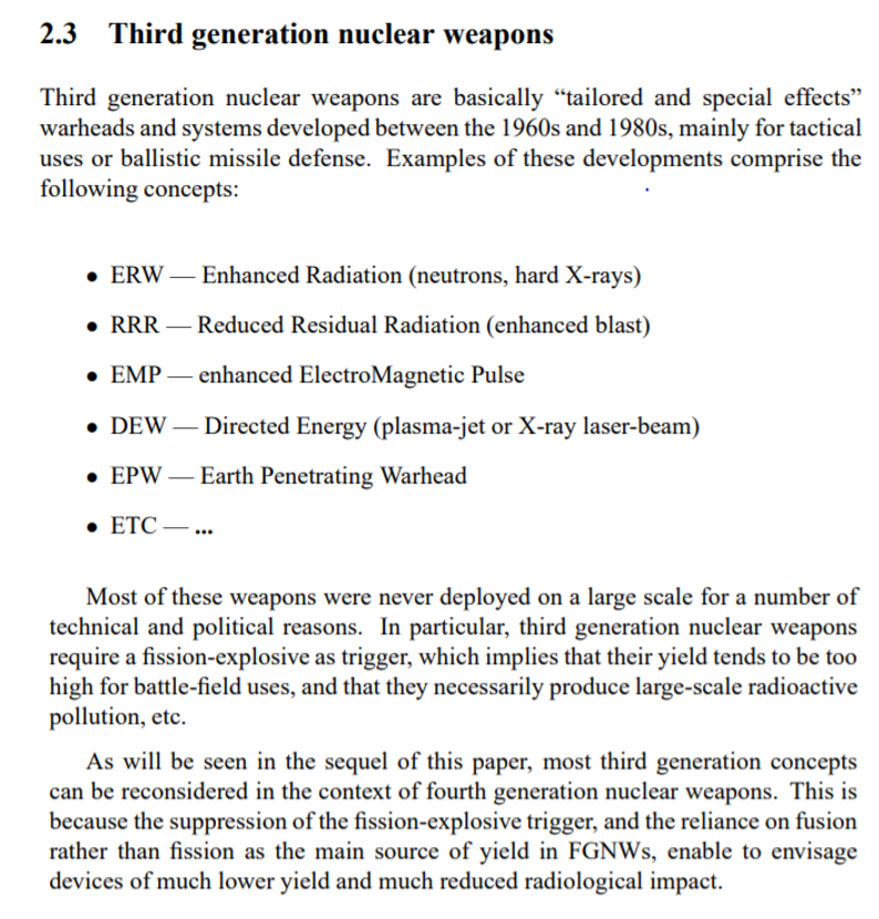 It is unclear what happened to any of these 3rd-gen nuke projects. Andre Gsponer wrote in 2008 most 3rd-gen weapons "never deployed on a large scale for a number of technical & political reasons" esp b/c required fission trigger so yield too high for battlefield, fallout, etc39/