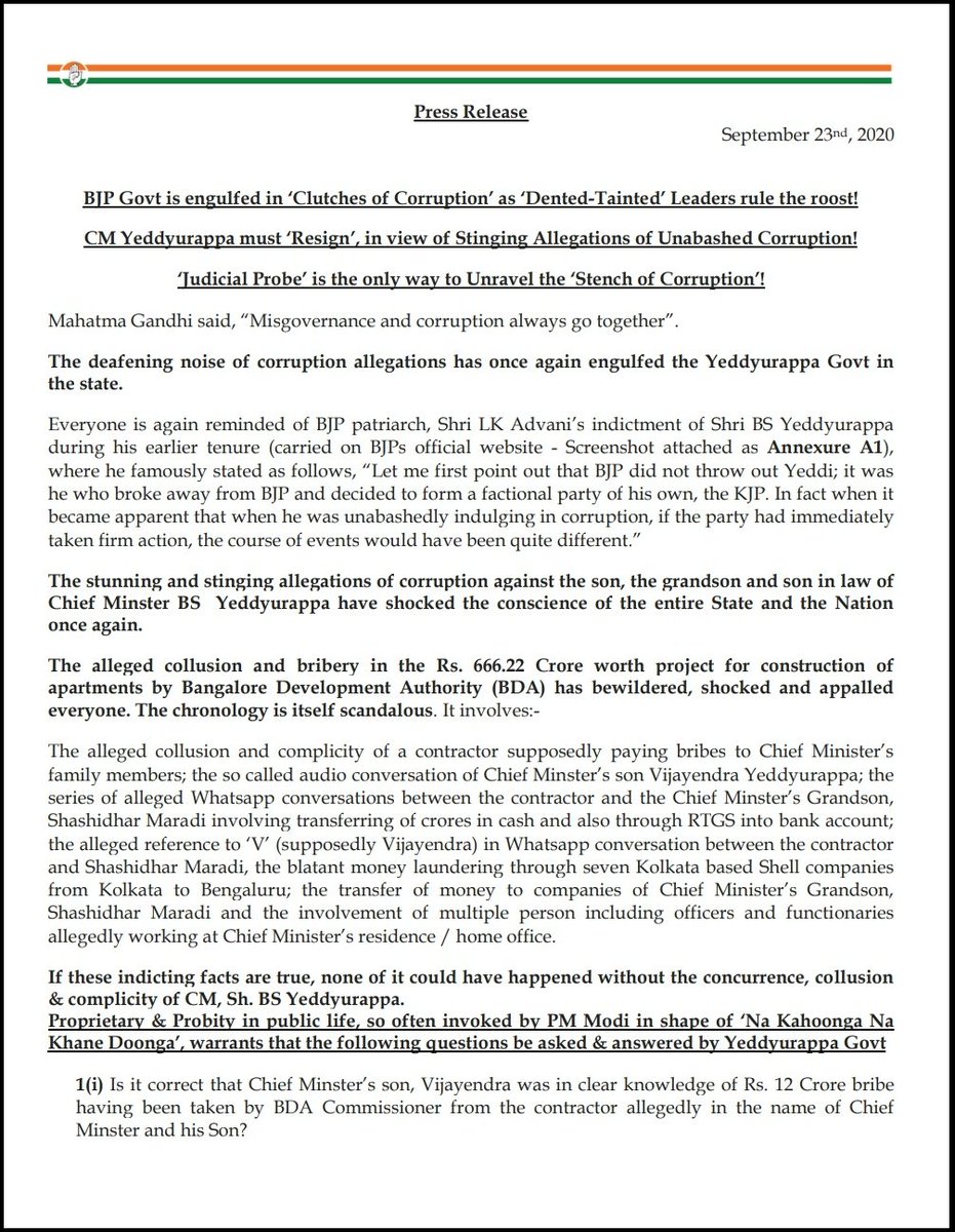 nalapad's tweet image. Press release by @rssurjewala @DKShivakumar @siddaramaiah 

CM Yediyurappa &amp;amp; his family have been caught taking a bribe in an alleged ₹666 crore BDA construction project scam.

#BSY_Must_Resign

#VijayendraServiceTax