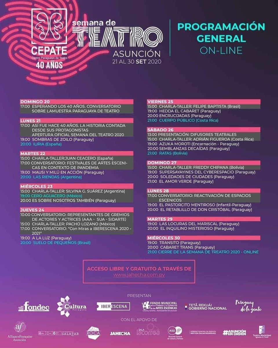 🎭No se olviden de agendar ❗️

📆Presentaciones del CEPATE son de acceso libre y gratuito, pueden seguir desde: jahecha.com.py

#Semanadeteatro2020
#CEPATE40años
#luchagremial
#Teatroparatodxs