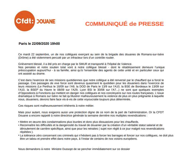 CFDTDouanes's tweet photo. Nos pensées et notre soutien total vont à notre collègue blessé - dont le rétablissement demeure l’unique
préoccupation aujourd’hui - à sa famille, ainsi qu’à l’ensemble des agents de cette unité et en particulier ceux qui
ont assisté au drame. https://t.co/zbrTOd9Mbl