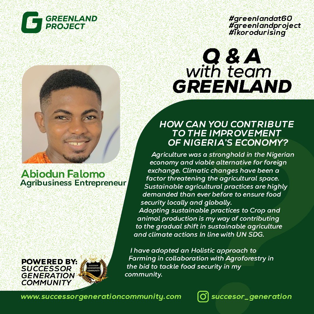 successor_gen's tweet photo. Meet Abiodun Falomo
A Member of Successor Generation Community and a Team Member in The Green Land Project

#greenlandat60 #greenlandproject #greenlandprojectteam #sgc #ikorodurising https://t.co/VaGCmxsZMD