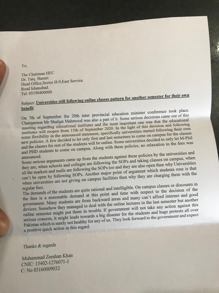 We had written a letter to @ImranKhanPTI @Shafqat_Mahmood @hecpkofficial about ongoing issue of classes which universities are reluctant to take on campus, students want their classes on campus rather then online. #SayNoToOnlineClasses #WeWantClassesInCampus