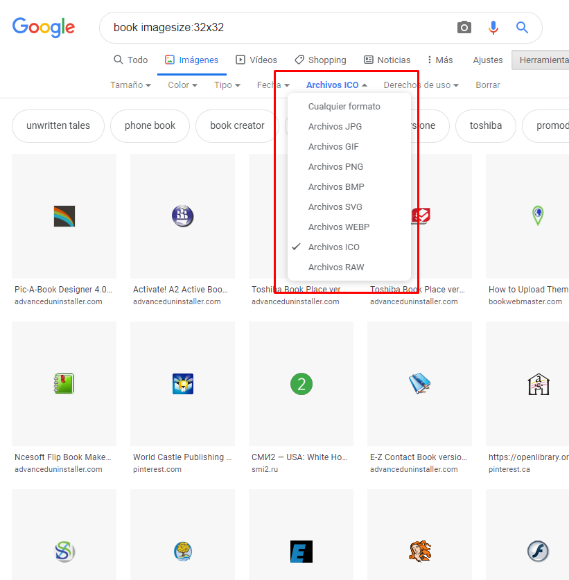 chuisochuisez's tweet photo. Google Imágenes hace tiempo eliminó el filtro de búsqueda por tamaño exacto, pero aún se puede buscar así con el operador imagesize:altoxancho (1). Si además le añades el filetype:ico para mostrar solo los .ico (2) luego aparece un nuevo filtro "oculto" de formatos (3). Curioso. https://t.co/LoK0d9yHuc