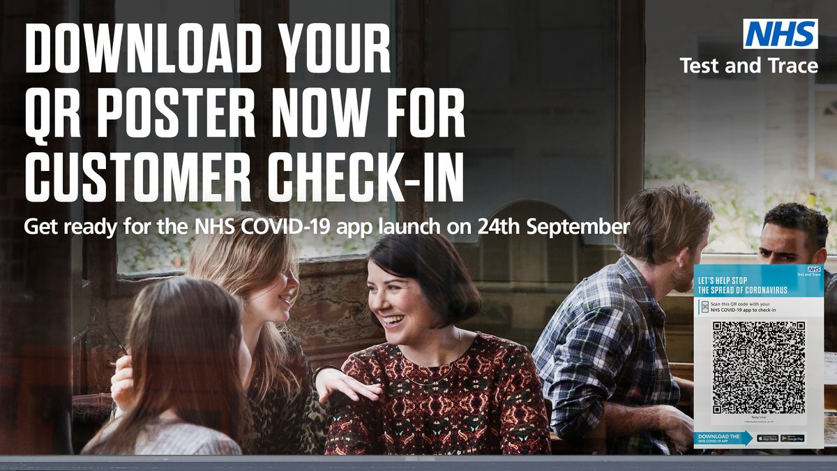 From Thurs 24 Sept it will be a legal requirement for hospitality, tourism &amp; leisure and close contact service businesses to display official NHS QR code posters so people can check-in at different premises once the app is rolled out nationally.

More ⬇️…